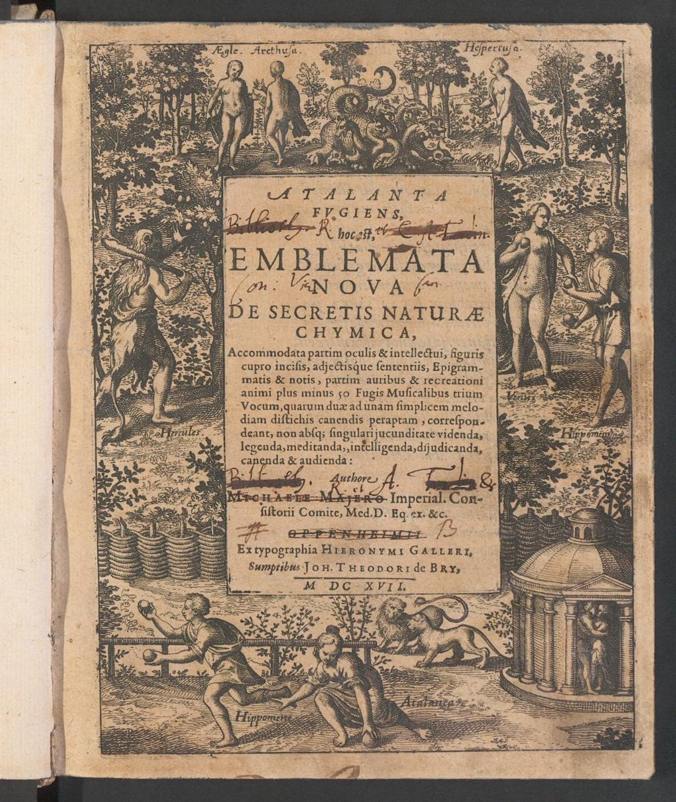 Atalanta fugiens, hoc est, emblemata nova de secretis naturae chymica, accommodata partim oculis &amp; intellectui, figuris cupro incisis, adiectisque sententiis, epigrammatis &amp; notis, partim auribus &amp; recreationi animi plus minus 50 fugis musicalibus trium vocum, quarum duae ad unam simplicem melodiam distichis canendis peraptam, correspondeant, non absque singulari iucunditate videnda, legenda, meditanda, intelligenda, diiudicanda, canenda &amp; audienda