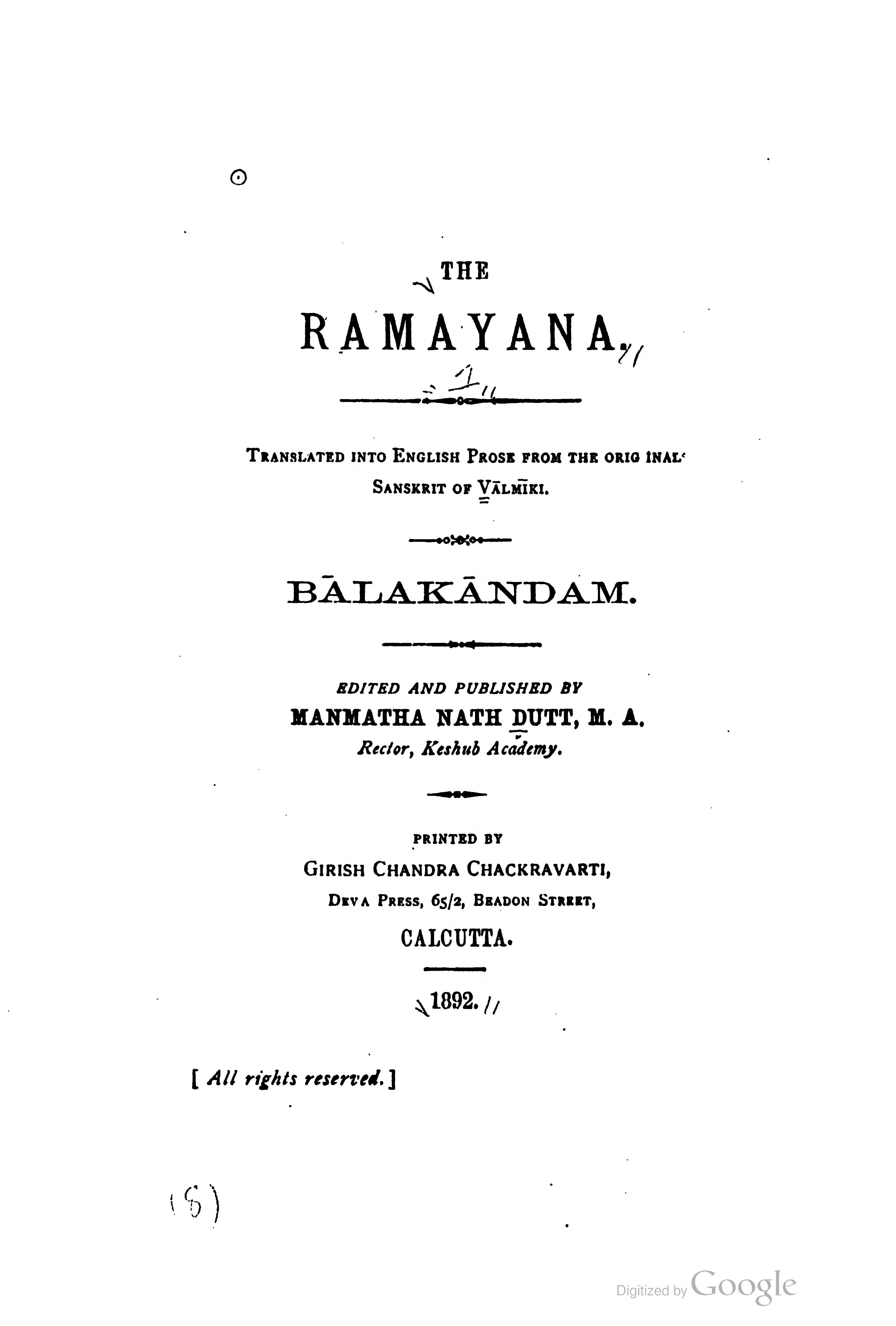 The Ramayana, Book 1: Bala Kanda