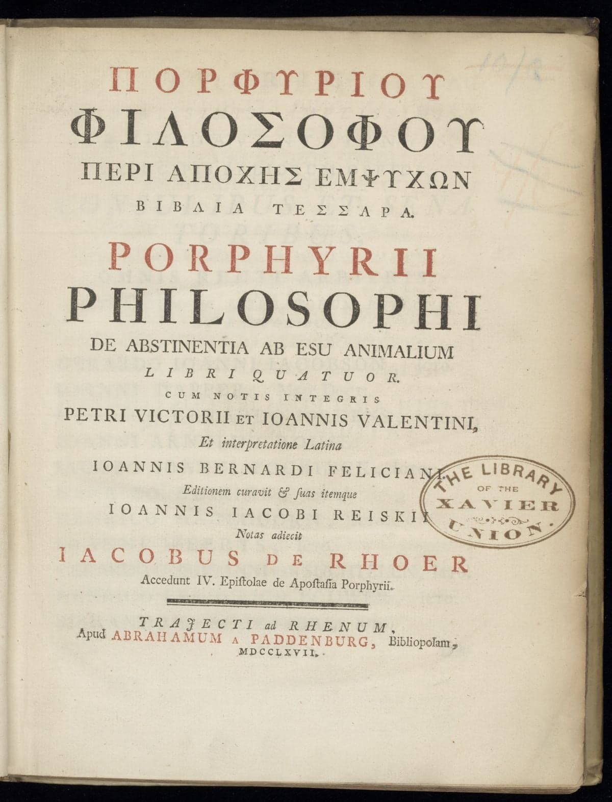 [Greek: Peri apoches empsychon biblia tessara] De abstinentia ab esu animalium