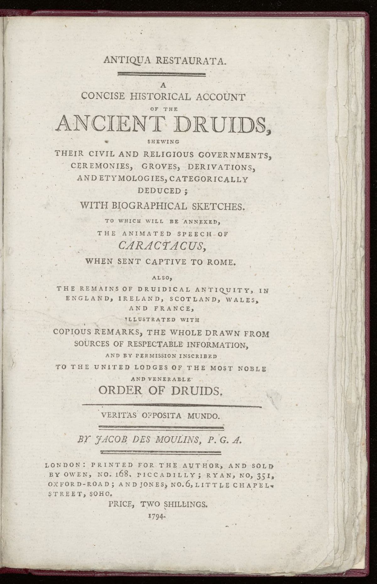 Antiqua restaurata. A concise historical account of the ancient druids