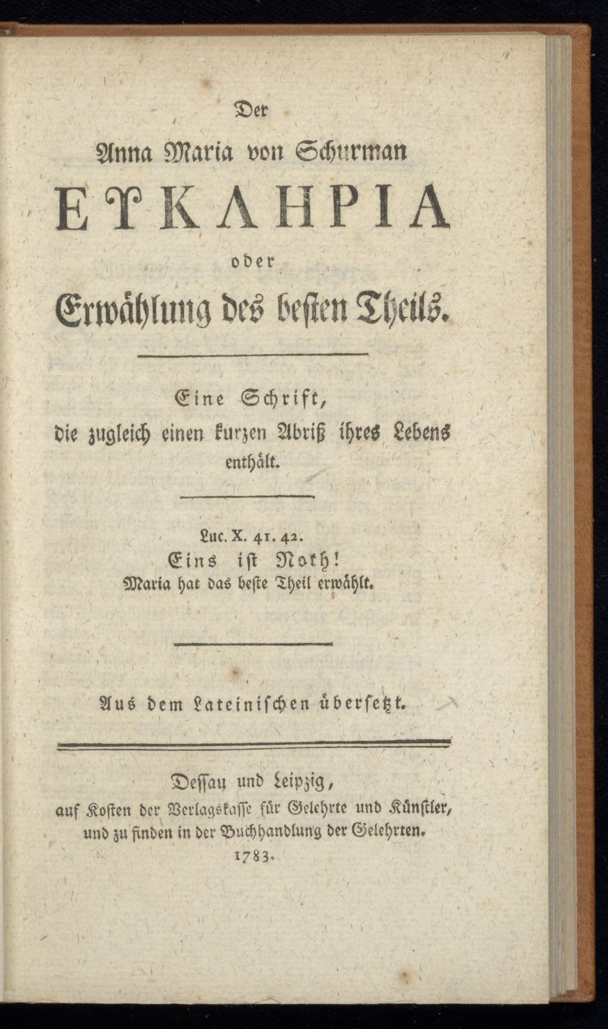 [Greek: Eukleria] oder Erwahlung des besten Theils