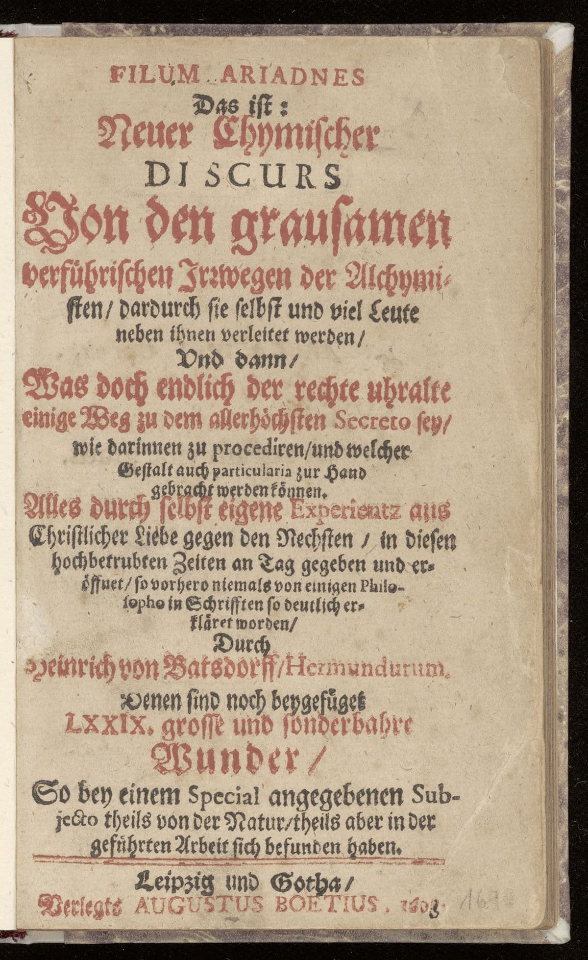 Filum Ariadnes Das ist: Neuer chymischer Discurs