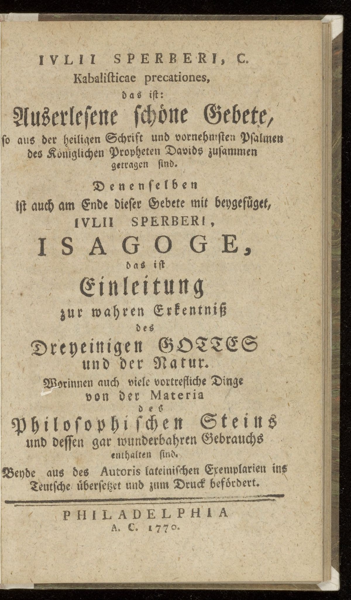 Kabalisticae precationes, das ist: Auserlesene schoene Gebete. Isagoge, das ist Einleitung