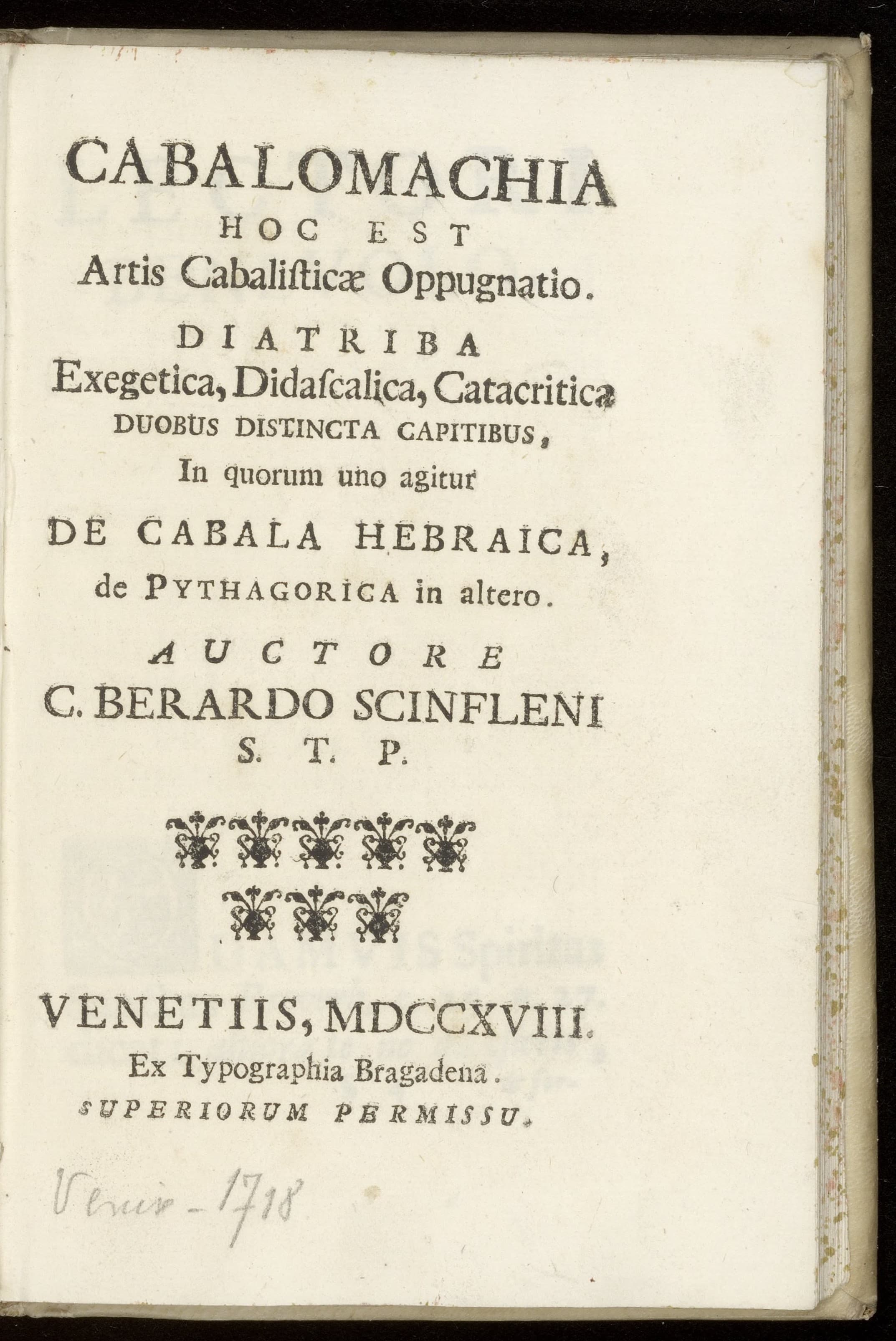Cabalomachia hoc est artis cabalisticae oppugnatio. Diatriba exegetica, didascalica, catacritica duobus distincta capitibus, in quorum uno agitur de Cabala Hebraica, de Pythagorica in altero