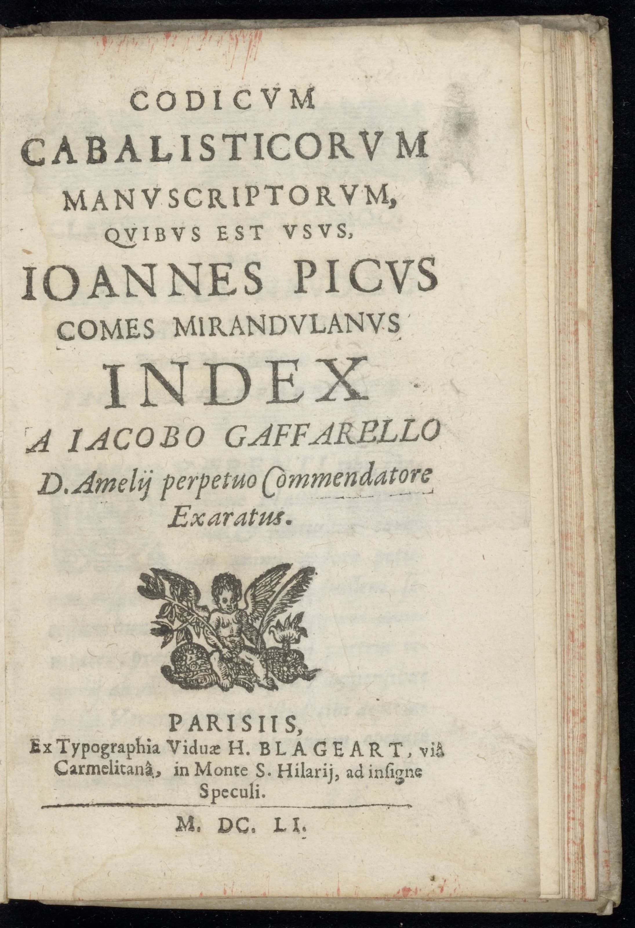 Codicum cabalisticorum manuscriptorum ... Joannes Picus comes Mirandulanus index