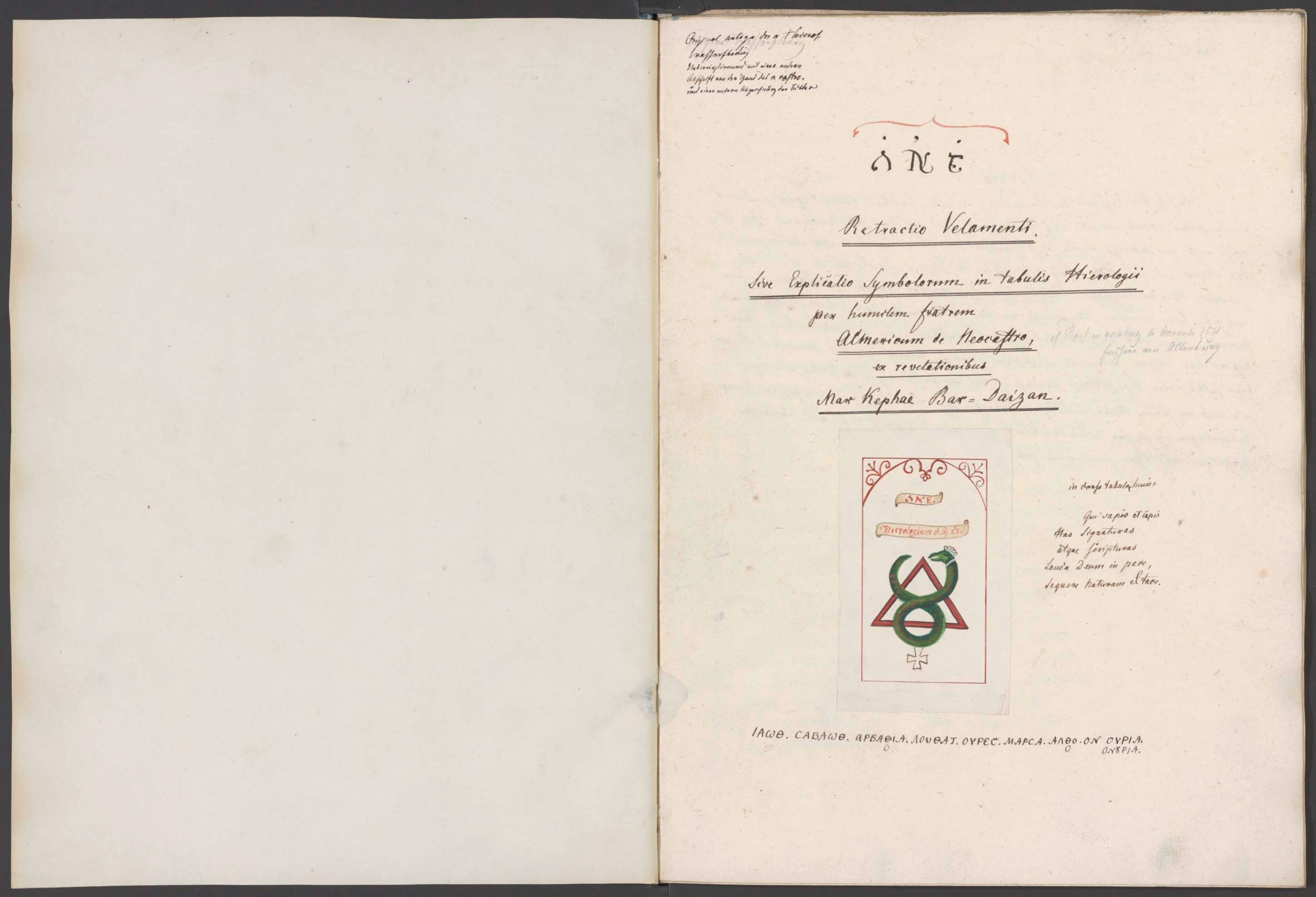 Retractio velamenti, sive explicatio symbolorum in tabulis Hierologii, per humilem Fratrum Almericum de Neocastro et revelationibus Mar-Kephae-Bar-Daizan